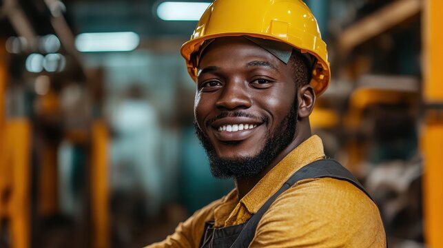 A joyful man in a yellow hard hat and work attire smiles in a busy warehouse, representing the dedication and positive spirit of workers in industrial environments across the globe.