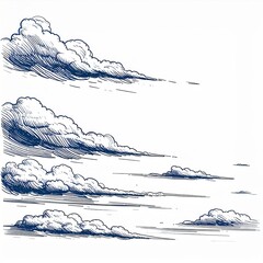 Fototapeta premium Navy Blue Ink Drawings of Clouds and Seascapes