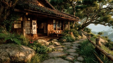 Fototapeta premium Tranquil Wooden House in Lush Forest Setting Asian Style Architecture