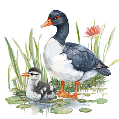 A Mother Moorhen With Her Kid, watercolor drawing vector, high quality, isolated on a white background.