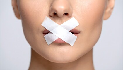 Woman with her mouth closed with white sticky tape. Silence and abuse concept