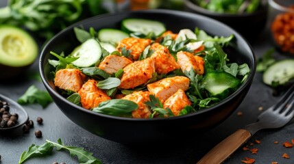 A vibrant chicken salad featuring grilled chicken, fresh greens, cucumbers, and a pop of colors, perfect for a healthy meal or dining experience that boosts appetite.