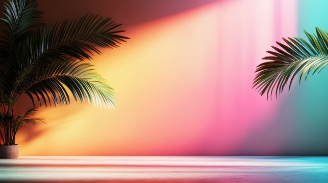 A minimalist setup showcasing stylish palm leaves against a gradient wall, illuminated by soft neon lights, creating a calming and artistic atmosphere for creative endeavors.