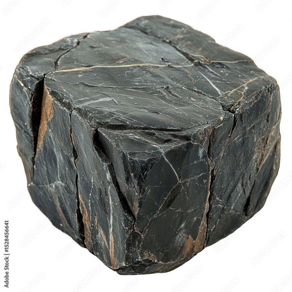 Poster angular dark stone block. deep fissures mark surface