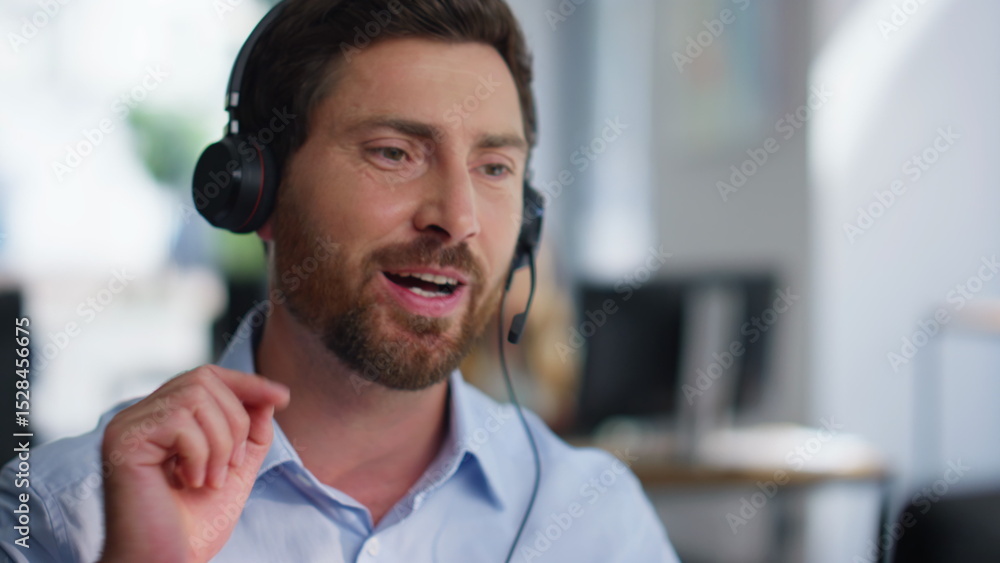 Poster call center representative helping client looking computer in office closeup.