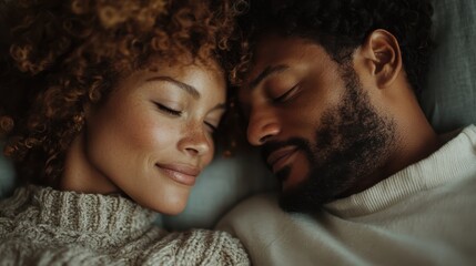 This intimate portrayal captures a couple enjoying a tender moment, showcasing their connection while resting closely together with serene expressions on their faces.