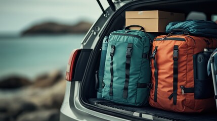 Two packed travel bags sit neatly in the back of a car, ready for a road trip, showcasing a sense of adventure and the anticipation of new experiences.