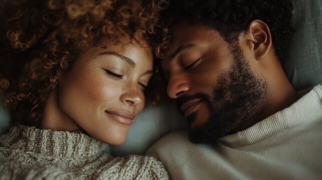 This intimate portrayal captures a couple enjoying a tender moment, showcasing their connection while resting closely together with serene expressions on their faces.