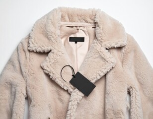 Beige Fluffy Fur Coat with Black Tag on White Background