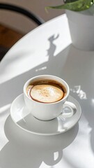 Espresso Coffee in White Cup on Table in Sunlight