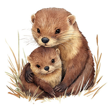 brown otters hugging in watercolor style clip art preview