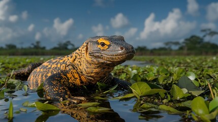 Fototapeta premium Lizard in shallow water, vibrant colors