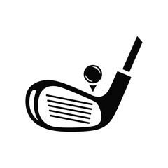 A graphic silhouette of a golf club poised to strike a ball.