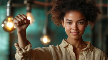 A vibrant image of a young woman raising her fist in celebration, capturing her enthusiasm and empowerment against a backdrop of creative lighting and artistic decor.