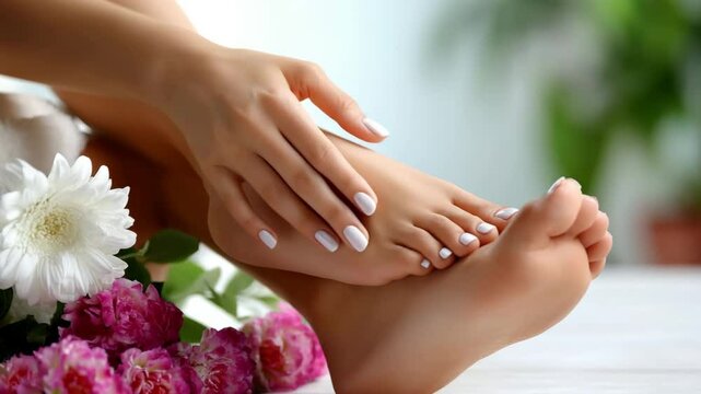 Hands with elegant nude manicure resting gently on soft towel in spa