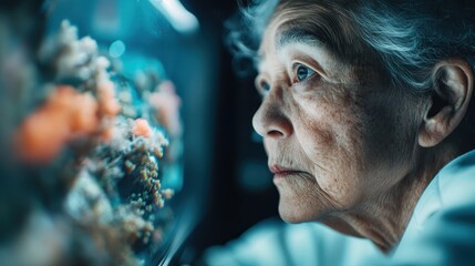 A thoughtful elder woman gazes intently at a colorful aquarium, capturing a moment of reflection and curiosity, showcasing wisdom and a connection to nature.