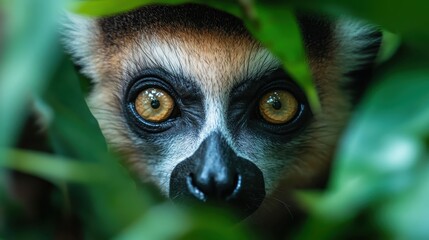 Obraz premium A captivating close-up of a lemur's eyes peering curiously through lush green foliage, illustrating themes of wildlife observation and the beauty of nature.