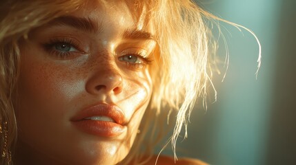 A stunning close-up of a young woman with freckles and glowing skin, captured in warm lighting that highlights her features and evokes a sense of beauty and confidence in the viewer.