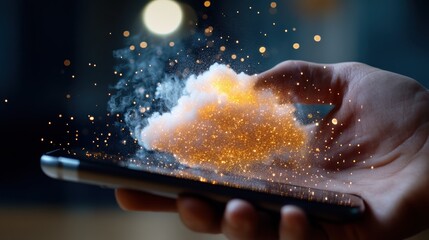 A hand emerges from a smartphone, surrounded by a cloud of sparkles and light, symbolizing innovation and the digital transformation of communication and technology.