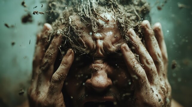 A haunting portrait captures an individual showing distress amidst a chaotic backdrop, illustrating deep emotions and struggles, evoking a sense of vulnerability and raw humanity.