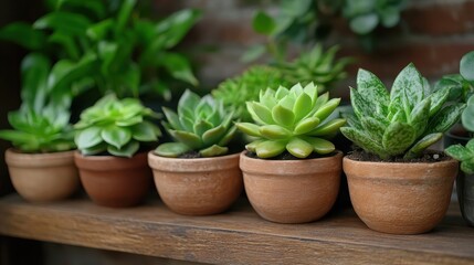 Obraz premium An array of diverse succulents in terracotta pots on a wooden shelf, showcasing the beauty and simplicity of nature while emphasizing plant diversity and indoor gardening aesthetics.