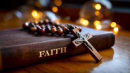 Book titled “FAITH” rests under wooden rosary with crucifix surrounded by warm candlelight and bokeh - Powered by Adobe