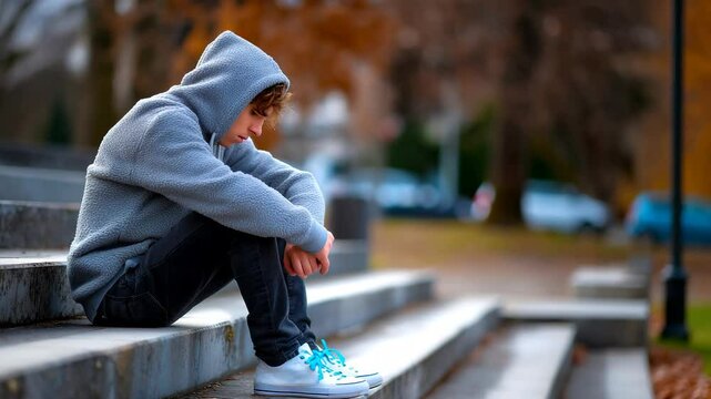Teenage boy in hoodie sits alone on park curb, head down, illustrating loneliness, stress and depression - Powered by Adobe
