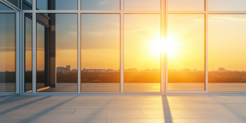 Fototapeta premium Modern glass windows reveal a stunning sunset over a distant cityscape. Urban serenity and natural beauty
