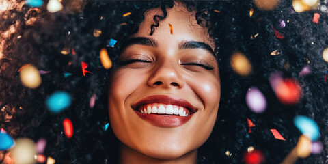 A smiling woman with curly hair is surrounded by colorful confetti, eyes closed in joy. Celebration, happiness, festive mood