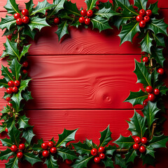 AI generated images of Christmas holly berries, on a wooden background