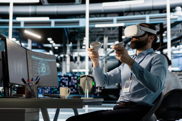 Data center engineer using virtual reality technology to visualize artificial intelligence neural...