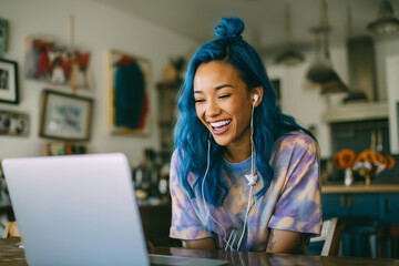 Happy African American woman in creative remote job on video call – flexible work culture and diverse team collaboration, lesbian with blue hair