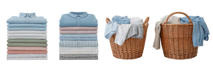 Neatly stacked folded clothes laundry basket pastel colors home soft blue on transparent background