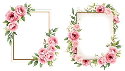 Set of golden frames decorated with watercolor pink roses and leaves.
