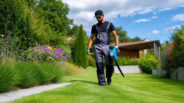 Gardener carries cordless chainsaw across trimmed lawn while on outdoor maintenance duty