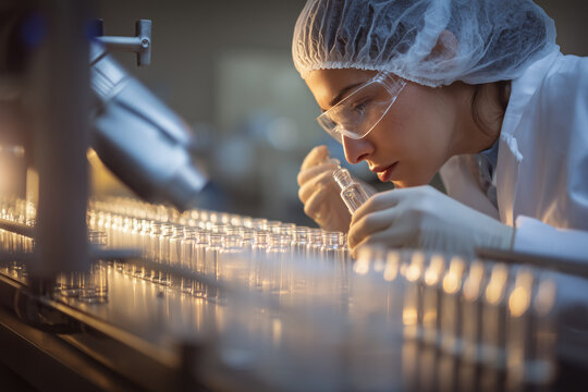 Female lab scientist inspecting medical vials in pharmaceutical factory – healthcare and pharmacy industry concept