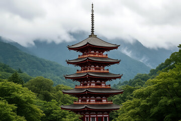 Traditional Pagoda Surrounded By Lush Forest With Misty Mountain Peaks In Tranquil Scenic Setting