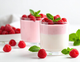 Refreshing raspberry yogurt parfait showcases layers of creamy yogurt topped with fresh raspberries and mint leaves, perfect for summer enjoyment
