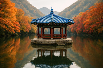 Traditional Korean Pavilion Reflected In Autumn Lake Surrounded By Colorful Foliage In Mountain Valley