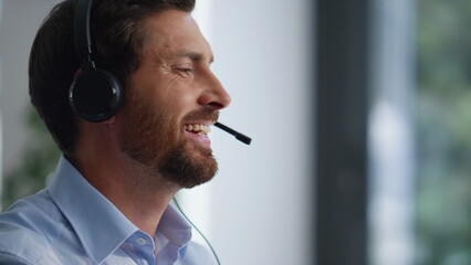 Call center operator typing computer providing technical support office closeup.