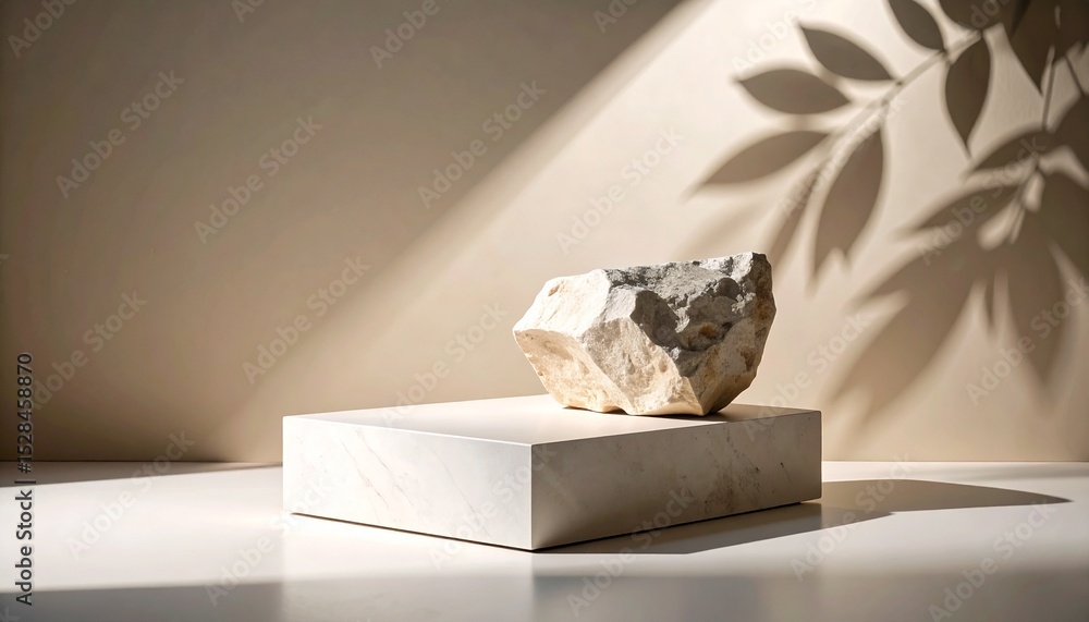 Poster minimalist natural stone rests on a square platform, artfully illuminated by soft light casting plan