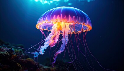 A vibrant jellyfish with glowing neon colors gracefully drifts through the deep ocean, its tentacles trailing behind it in a mesmerizing underwater ballet of light.