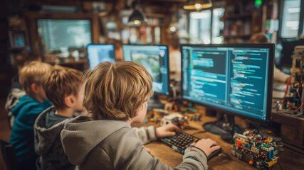 A focused child programmer navigates complex software on dual screens amid blinking leds. Concept of early talent development and digital literacy. - Powered by Adobe