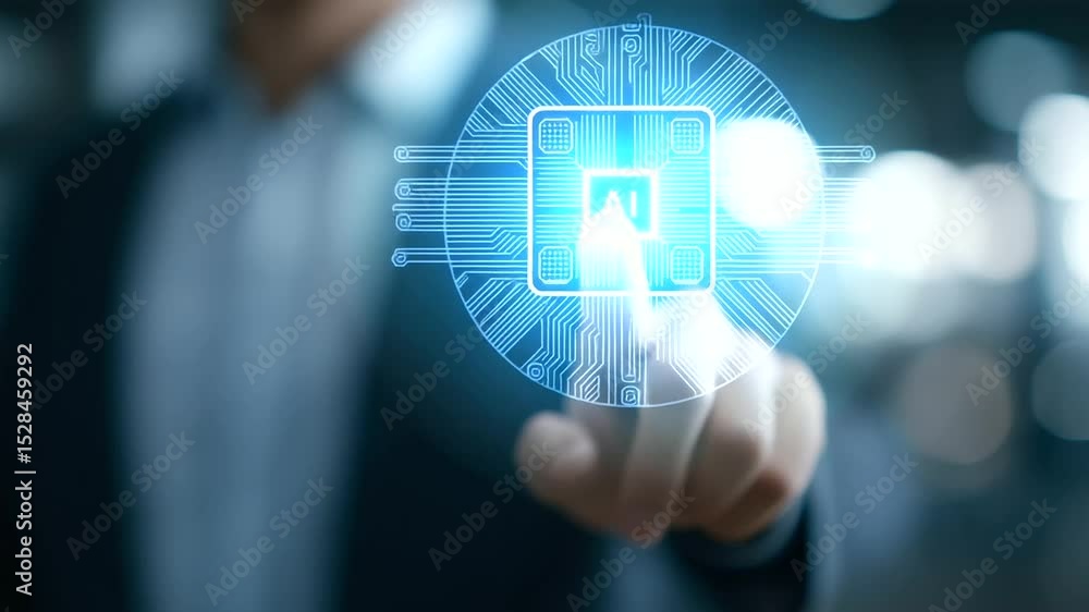 Poster a businessman interacts with a digital ai head icon in a smart automation office setting.