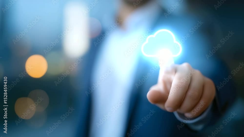 Poster professional exploring cloud computing solutions in a modern office environment.