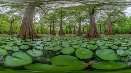 Lush cypress swamp with lily pads