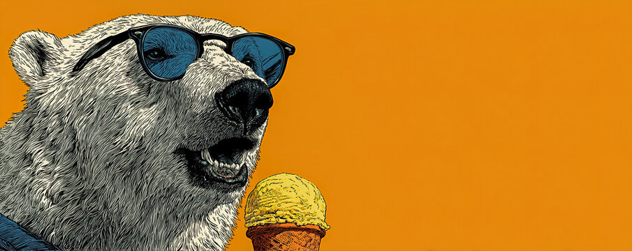Close-up of smiling polar bear with blue sunglasses and yellow ice cream on orange background. Generated with AI