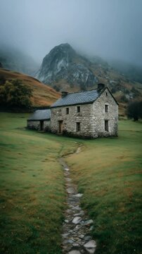 Drone like view ofa solitary stone cottage nestles below a misty mountain with a winding rock path across emerald grass in vertical video. Concept of peaceful isolation and sustainable rural living.

