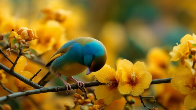 Colorful bird perched on a yellow flower branch in vibrant springtime nature macro close-up scene