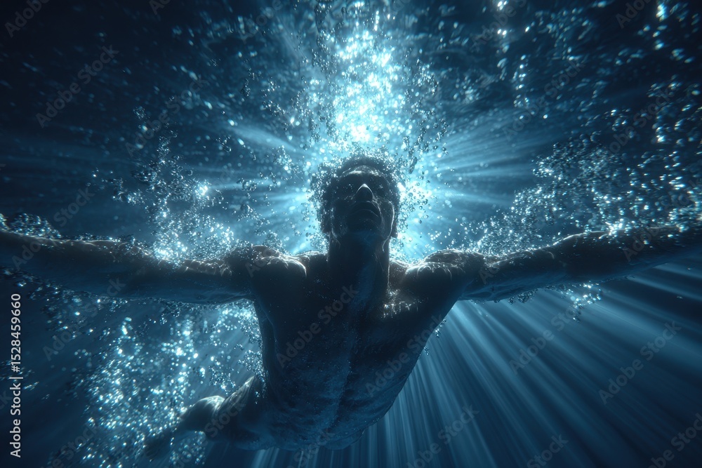 Poster underwater shot of a muscular swimmer with rays of light piercing through the water, creating a mesm